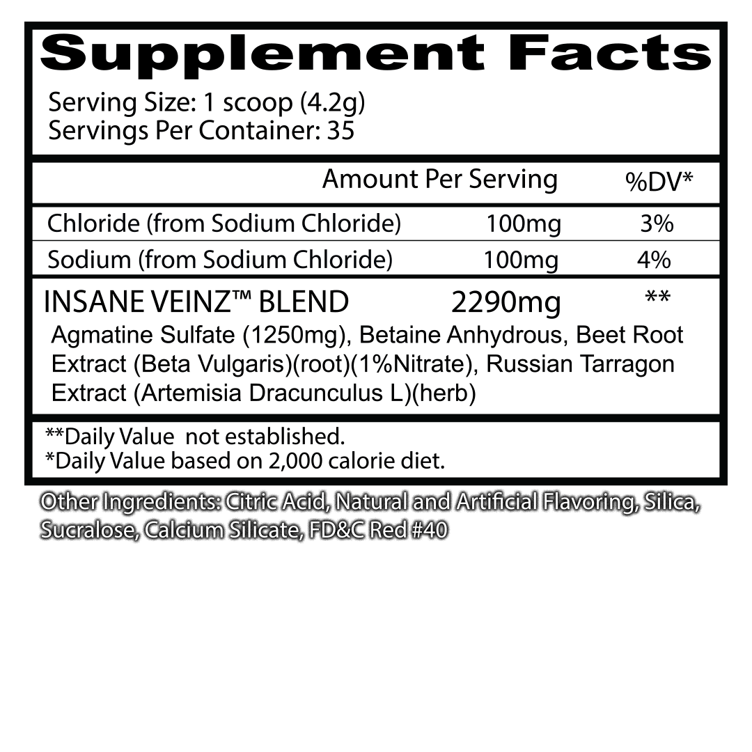 Insane Veinz supplement facts panel